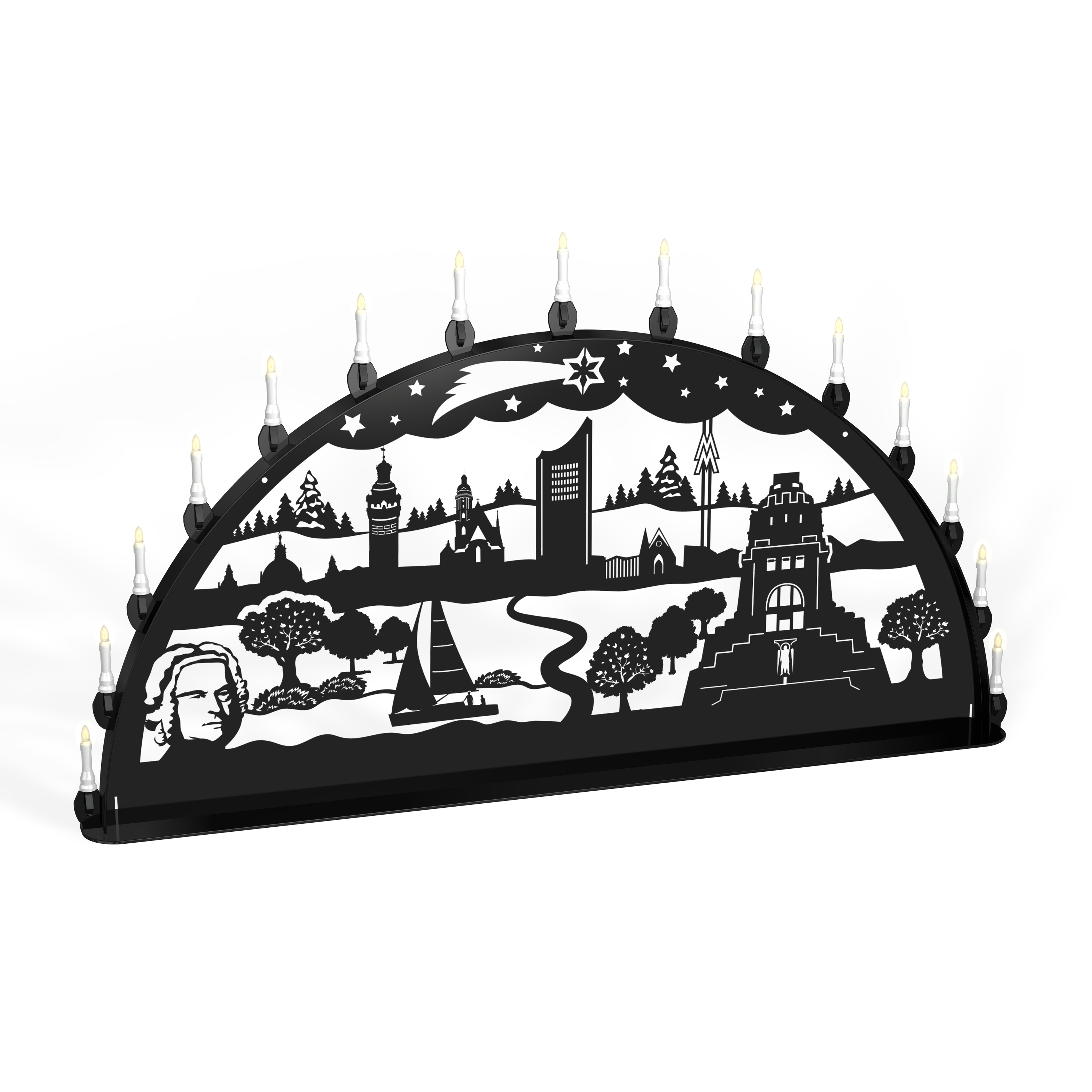 Außenschwibbogen Schwibbogen Lichterbogen Metall - Motiv: Leipzig 1,2 m tiefschwarz (RAL 9005) glänzend Außenschwibbogen Schwibbogen Lichterbogen Metall - Motiv: Leipzig 1,2 m tiefschwarz (RAL 9005) glänzend