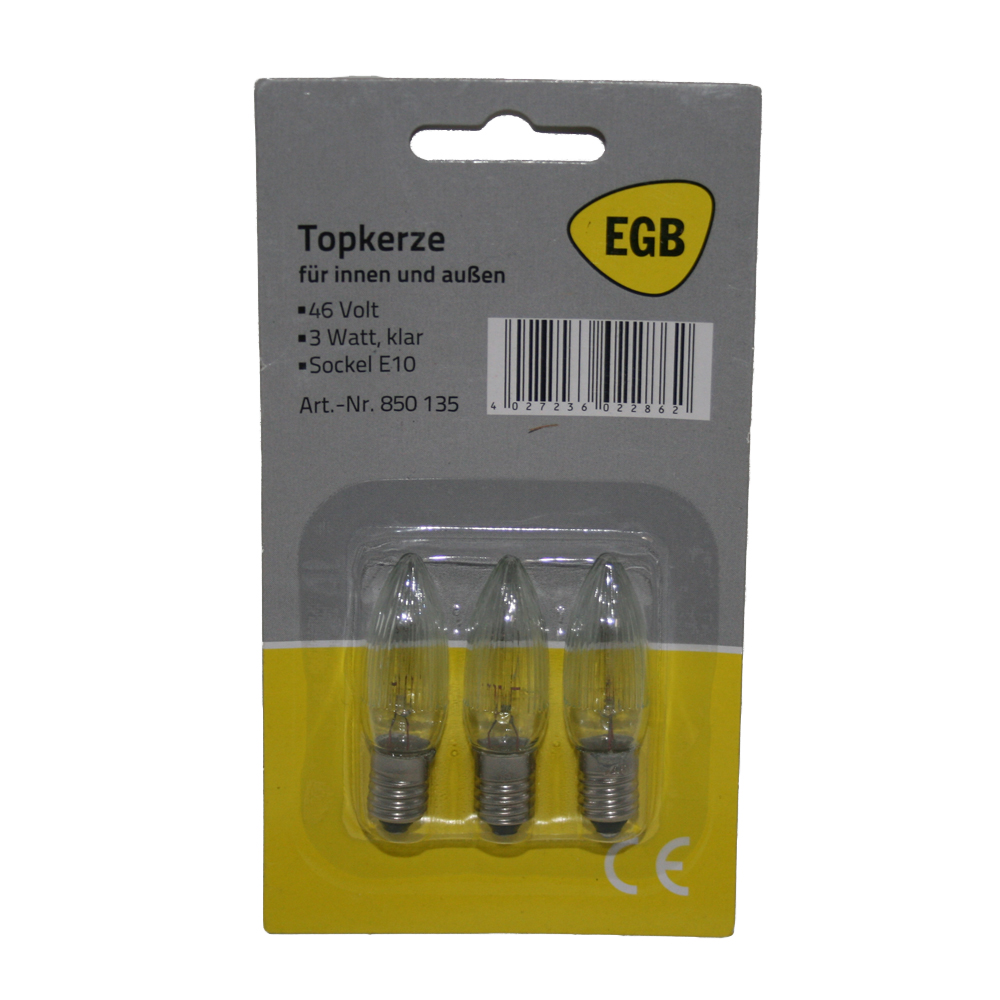 9x Spitzkerze Glühbirne Ersatzbirne Topkerze für Lichterkette / Schwibbögen / Lichterbogen - 46V / 3W E10 halb geriffelt Outdoor